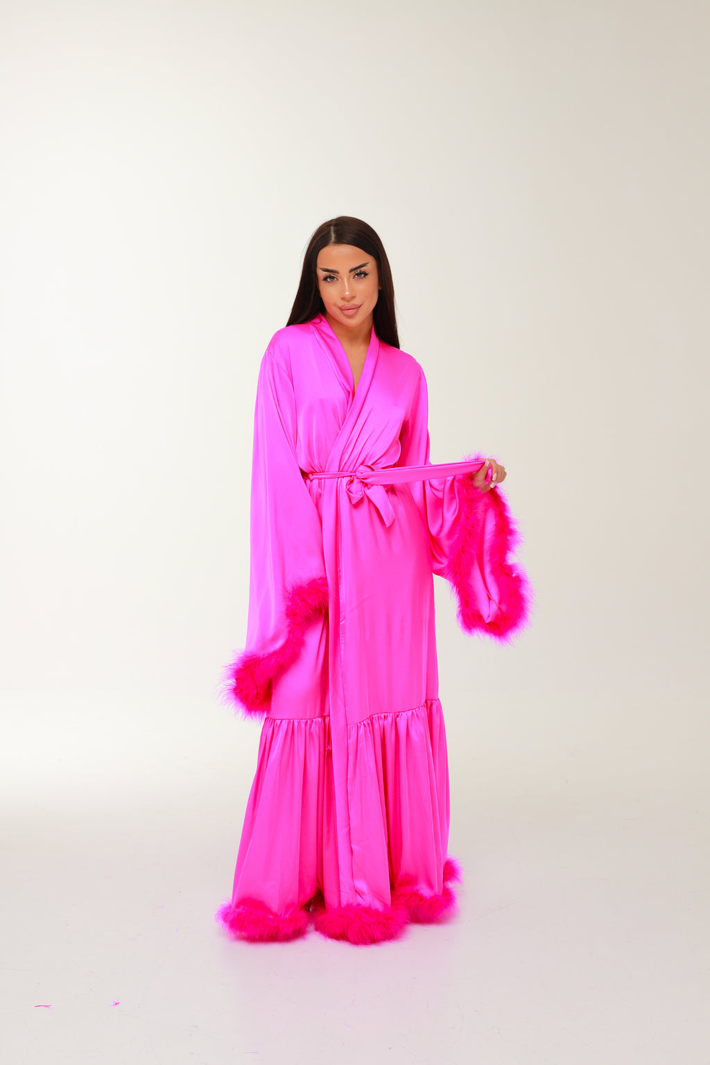 ХАЛАТ - ВОЛАН З ПУШКОМ ДОВГИЙ ФУКСІЯ