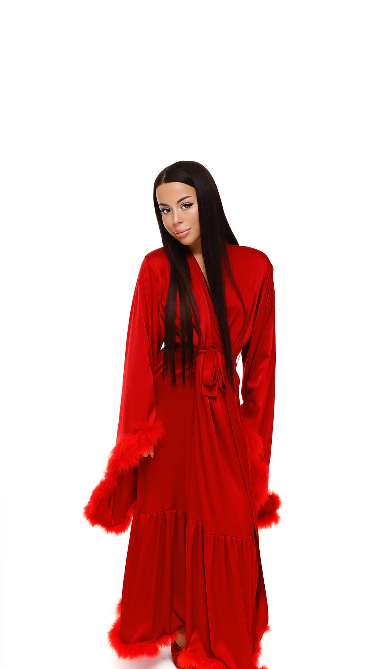 ХАЛАТ - ВОЛАН З ПУШКОМ ДОВГИЙ ЧЕРВОНИЙ
