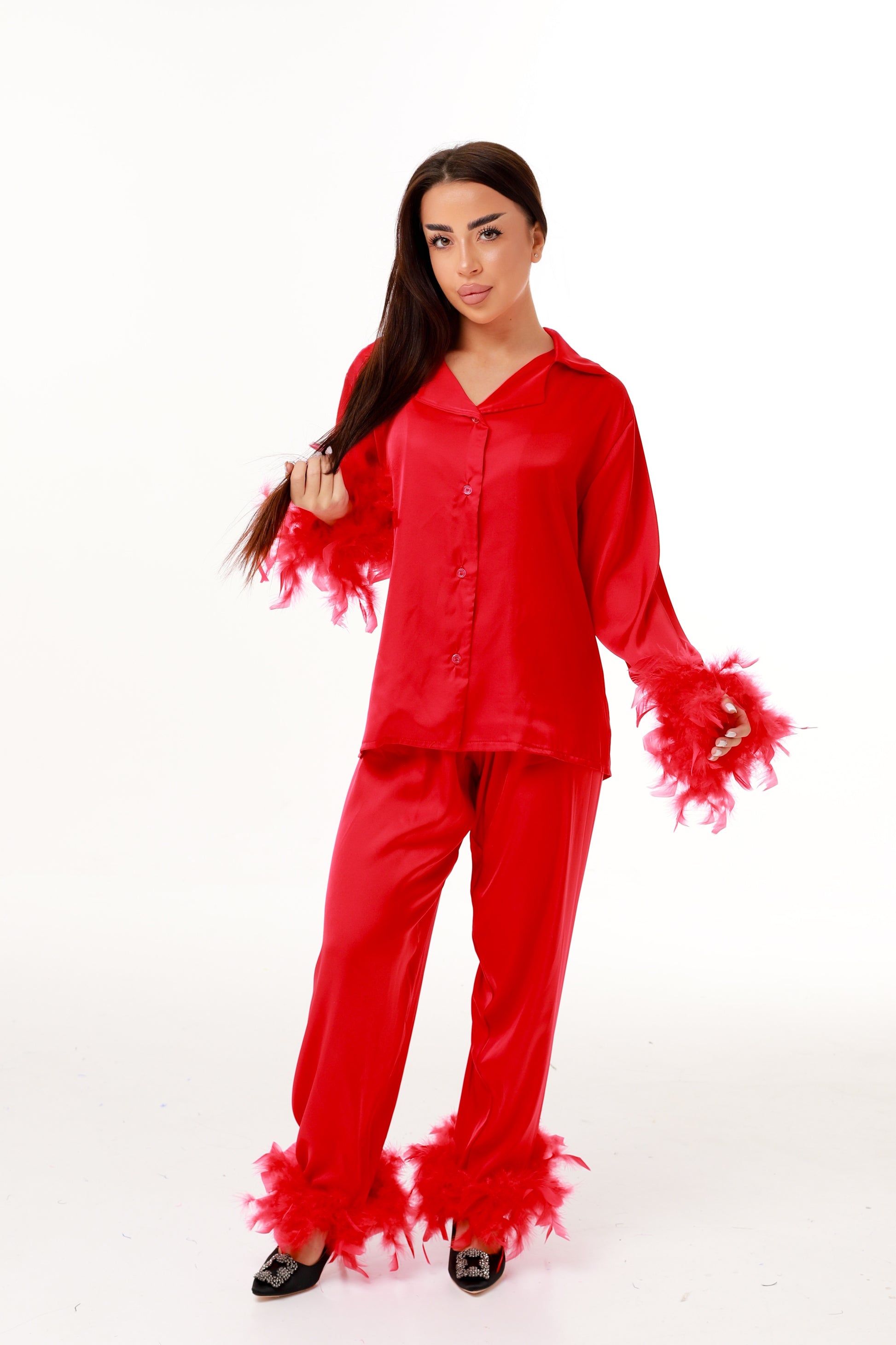 ПІЖАМНИЙ КОСТЮМ З ПІРʼЯМ ЧЕРВОНИЙ