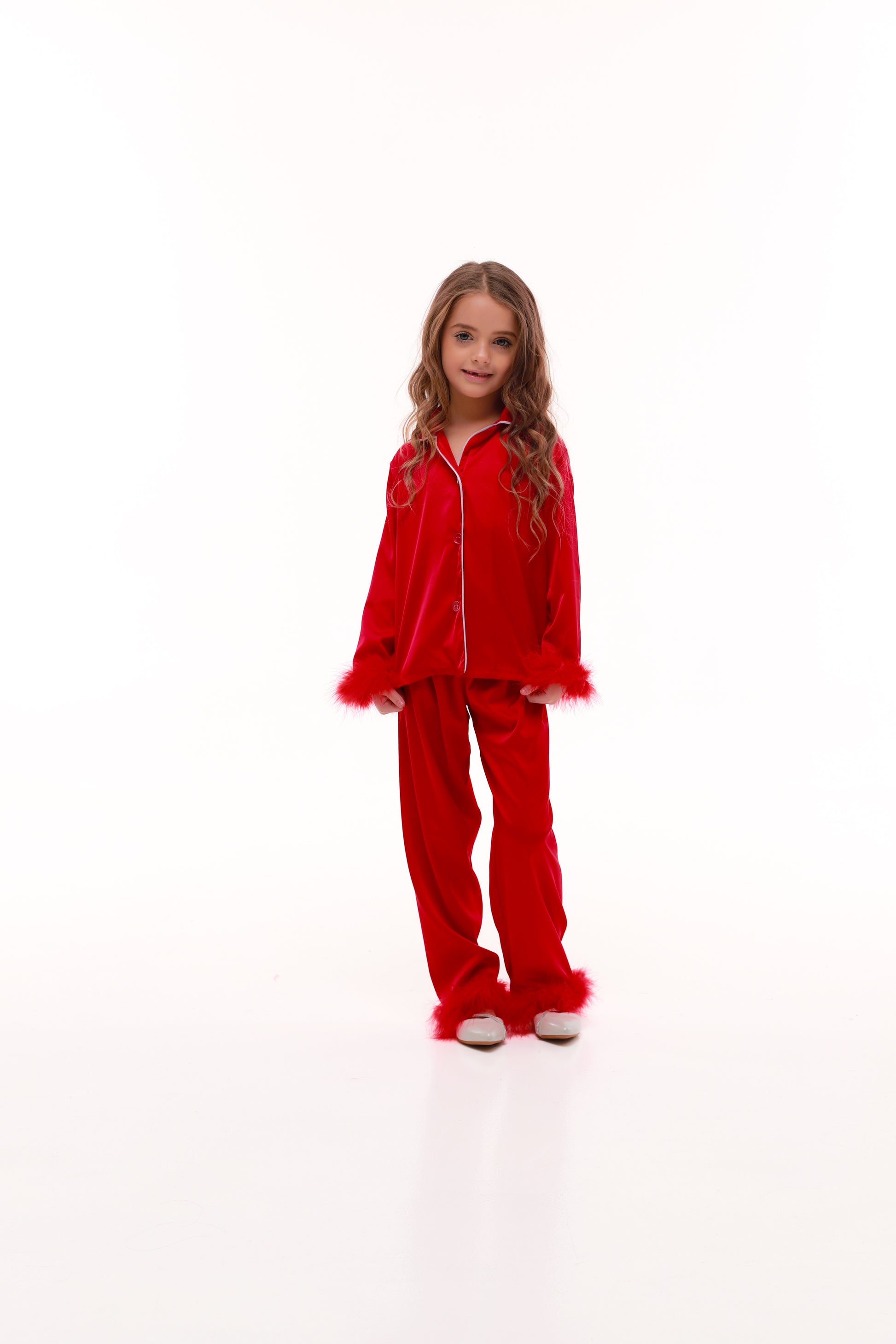ДИТЯЧА ШОВКОВА ПІЖАМА З ПУХОМ ЧЕРВОНА