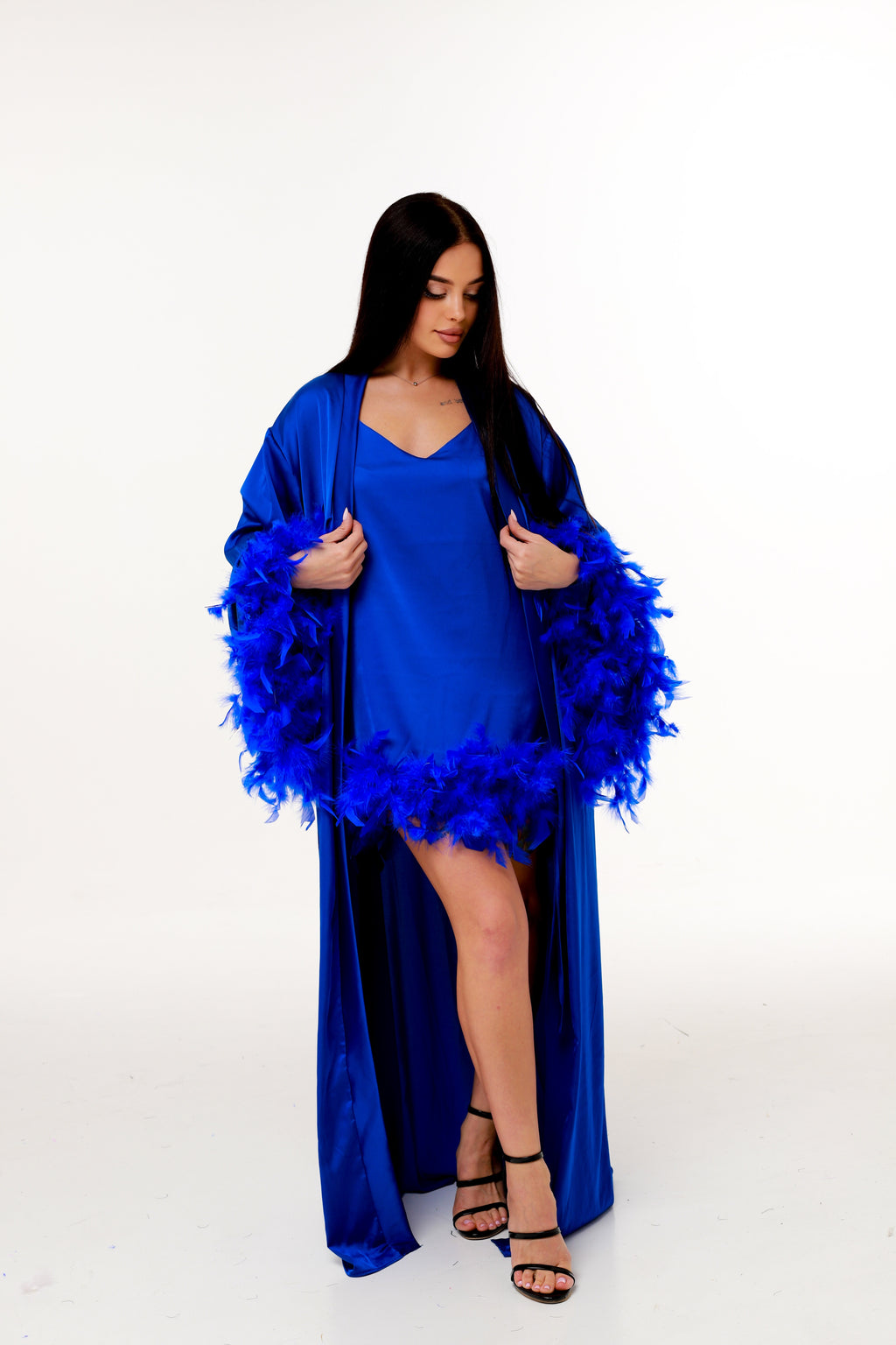 КОМПЛЕКТ : ДОВГИЙ ХАЛАТ З ПІРʼЯМ + СОРОЧКА З ПІРʼЯМ МІНІ ЕЛЕКТРИК