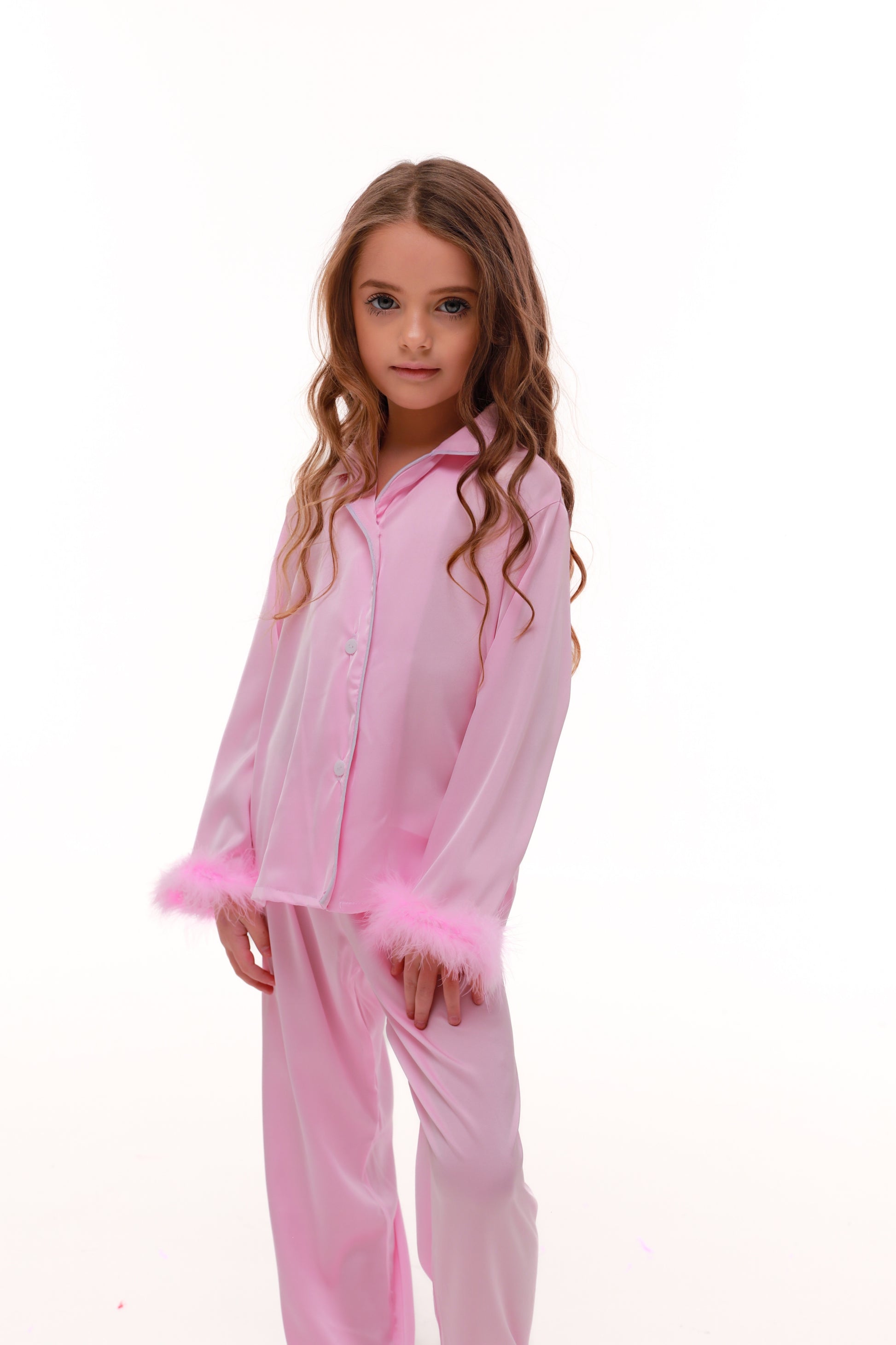 ДИТЯЧА ШОВКОВА ПІЖАМА З ПУХОМ РОЖЕВА