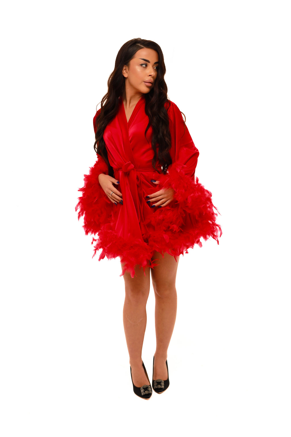 ШОВКОВИЙ ХАЛАТ МІНІ З ДАБЛ ПІРʼЯМ ЧЕРВОНИЙ