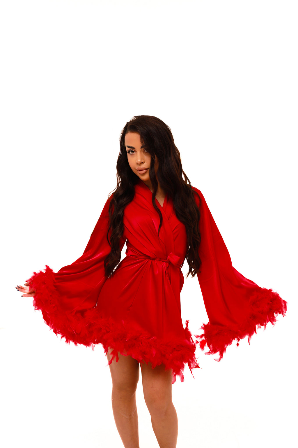 ШОВКОВИЙ ХАЛАТ МІНІ З ДАБЛ ПІРʼЯМ ЧЕРВОНИЙ