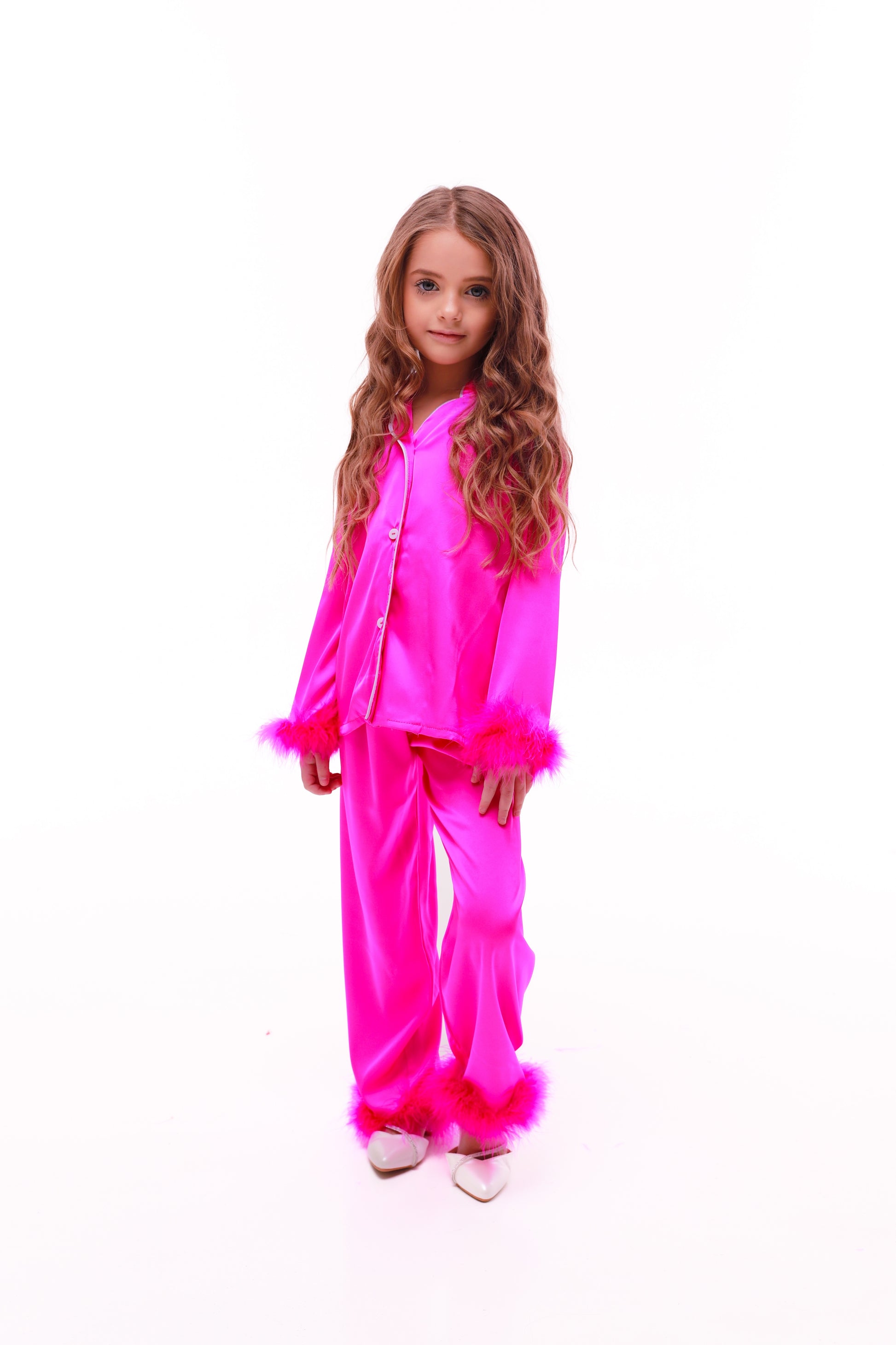 ДИТЯЧА ШОВКОВА ПІЖАМА З ПУХОМ ФУКСІЯ