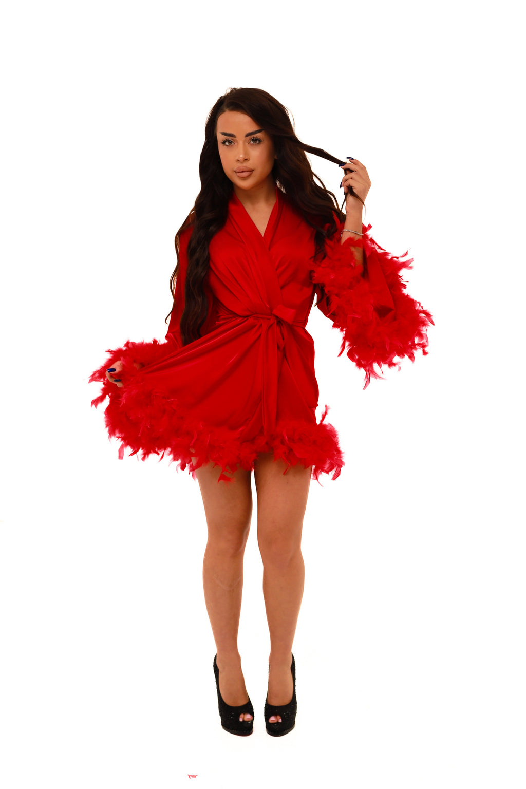 ШОВКОВИЙ ХАЛАТ МІНІ З ДАБЛ ПІРʼЯМ ЧЕРВОНИЙ