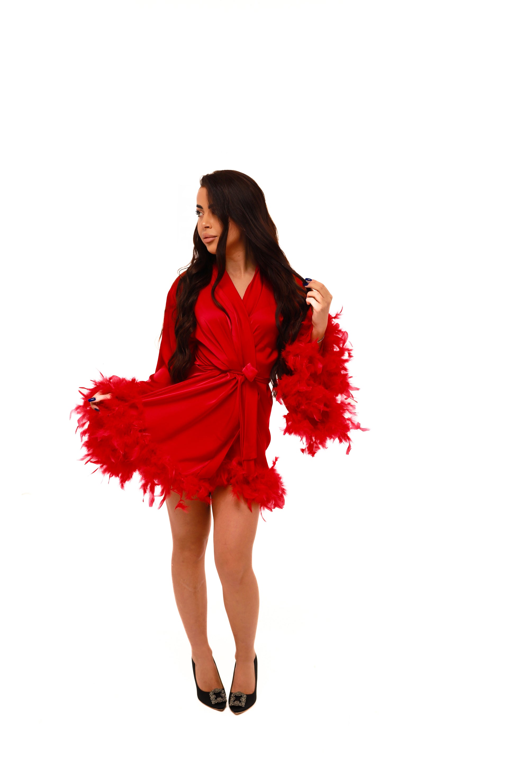 ШОВКОВИЙ ХАЛАТ МІНІ З ДАБЛ ПІРʼЯМ ЧЕРВОНИЙ