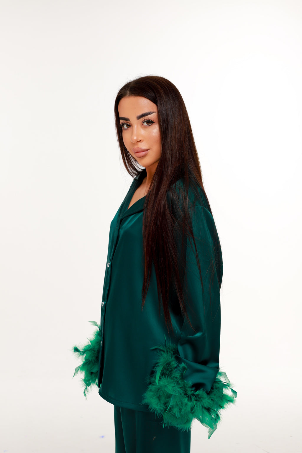 ПІЖАМНИЙ КОСТЮМ З ПІРʼЯМ смарагд